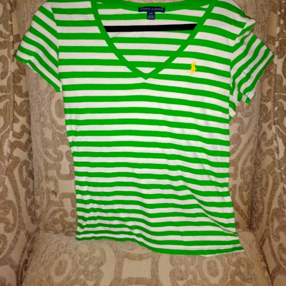 RALPH LAUREN GREEN &WHITE & GREEN STRIPE T-SHIRT YELLOW LABEL WOMAN'S = SIZE S/P